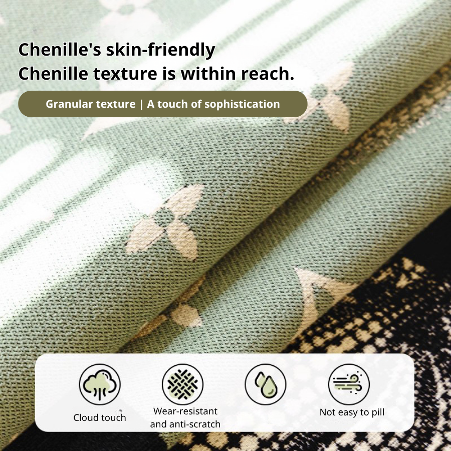 Chenille sofa rug with a botanical and floral pattern.