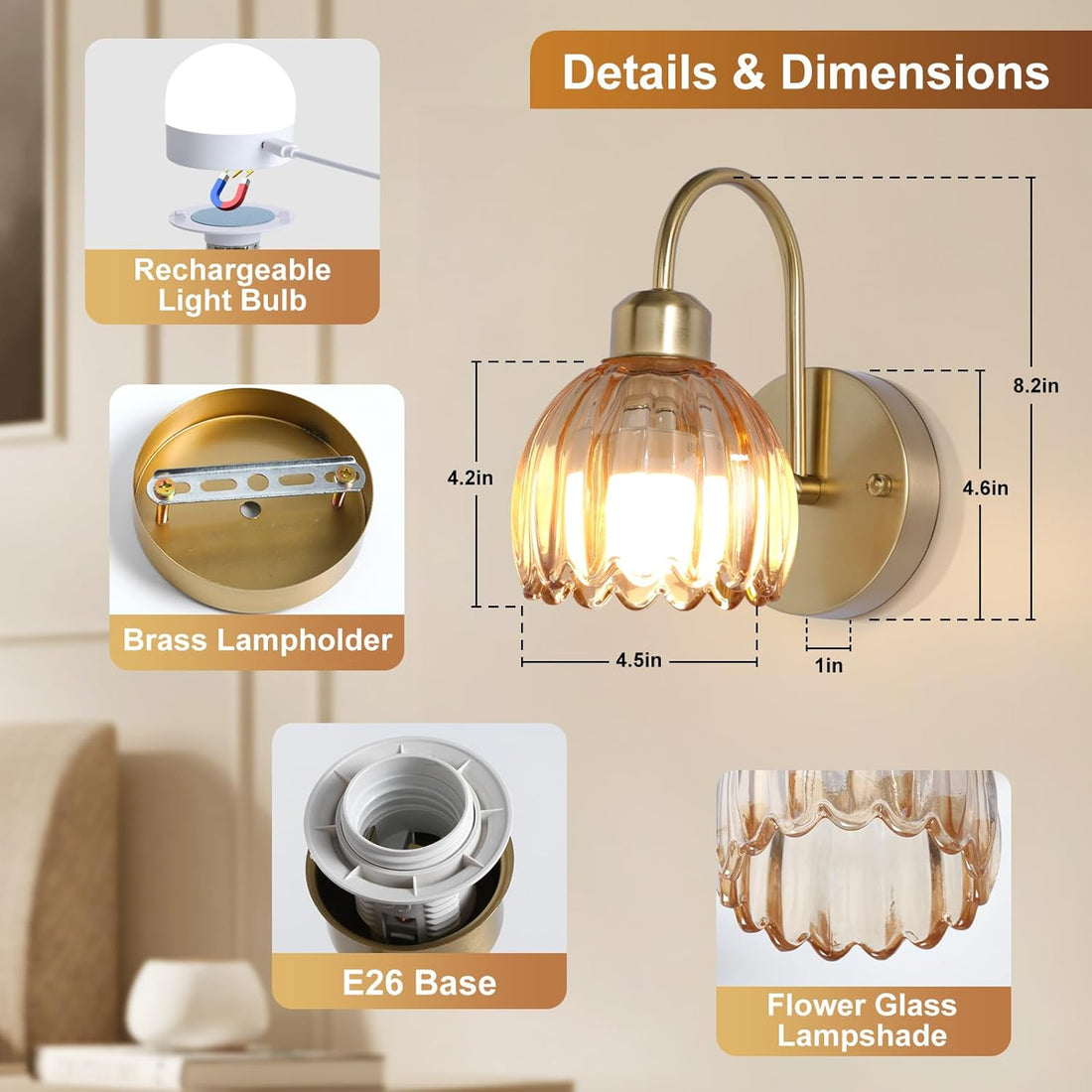 Vintage battery operated wall lamp, tulip shaped glass lampshade, rechargeable cordless wall lamp