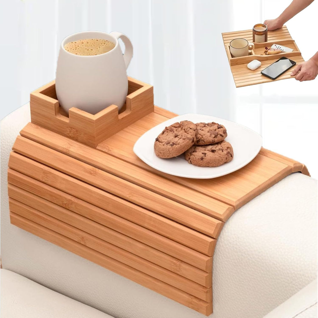 Bamboo Couch Cup Holder Tray