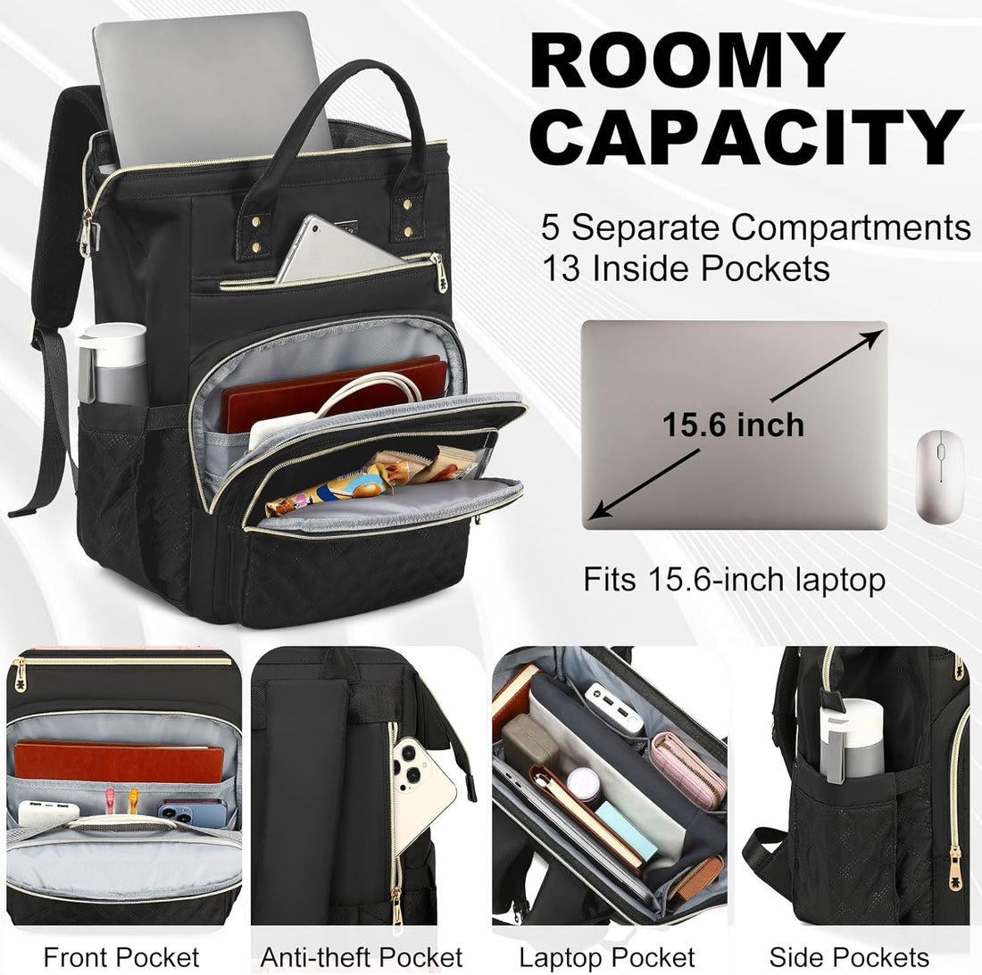 Lunch Backpack, 15.6 inch Laptop Backpack with Insulated Lunch Bag, Backpack Cooler for Women, Large Travel Backpack Lunch Box Compartment, Work Computer Backpack, Teacher College Book Bag, Black