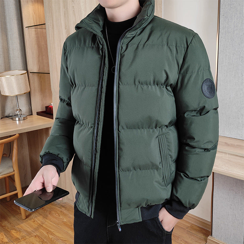 Men's Winter Stand Collar Thick Cotton Jacket - Warm Solid Color Coat for Cold Weather