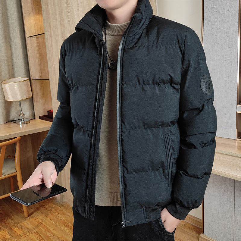 Men's Winter Stand Collar Thick Cotton Jacket - Warm Solid Color Coat for Cold Weather