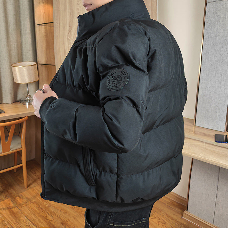Men's Winter Stand Collar Thick Cotton Jacket - Warm Solid Color Coat for Cold Weather