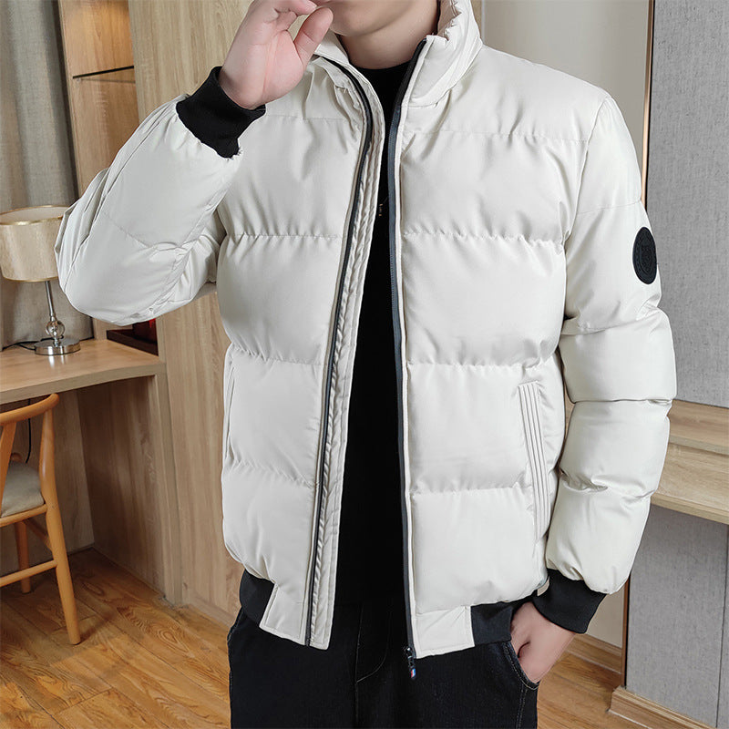 Men's Winter Stand Collar Thick Cotton Jacket - Warm Solid Color Coat for Cold Weather