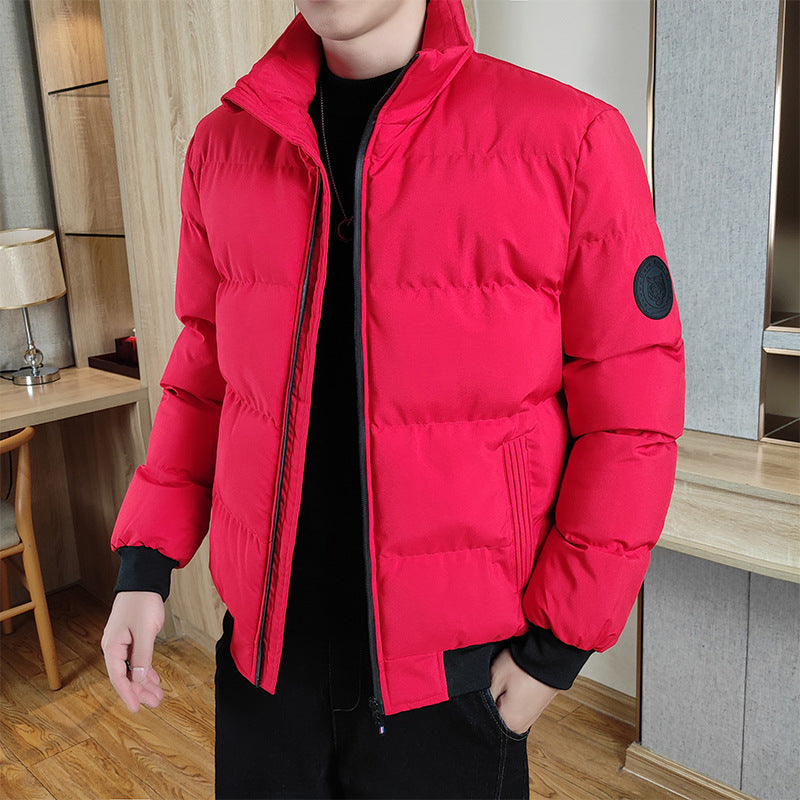 Men's Winter Stand Collar Thick Cotton Jacket - Warm Solid Color Coat for Cold Weather