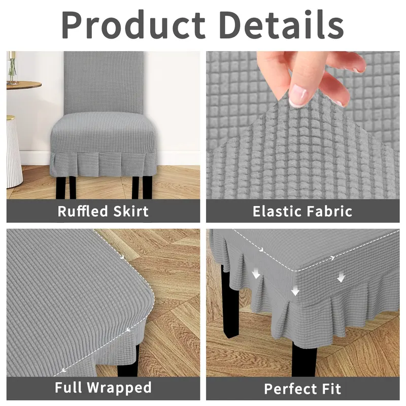 The chair cover has a skirt, is thick, stain-resistant, and elastic.